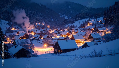 Winter Village at Dusk - A Snowy Scene of Cozy Homes.