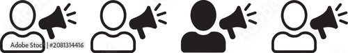 Foto Public speaking and marketing icons, person with megaphone for announcement and