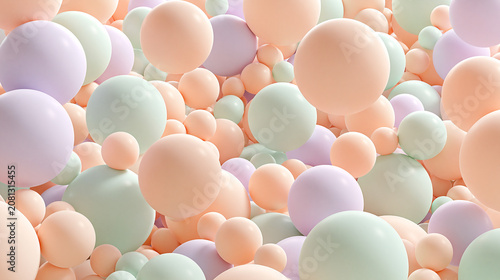 Abstract background of pastel 3D balloons and spheres in peach mint green and lavender filling the frame, soft matte texture, party celebration and birthday backdrop,ピーチ・ミント・ラベンダーのパステルカラーの風船と球体