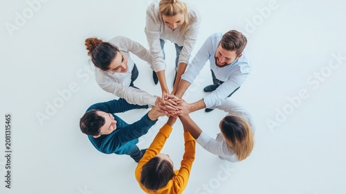 Colleagues join hands in a central stack to demonstrate mutual support and shared goals within the workplace.