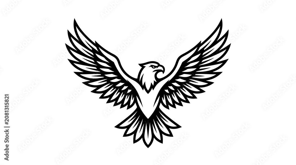 Fototapeta premium A minimalist black and white illustration of a majestic eagle spreading its wings wide