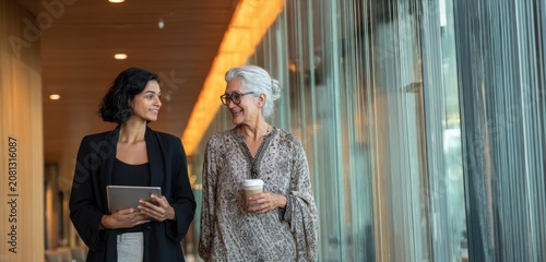 Two women of indian descent walking and conversing in a office hallway