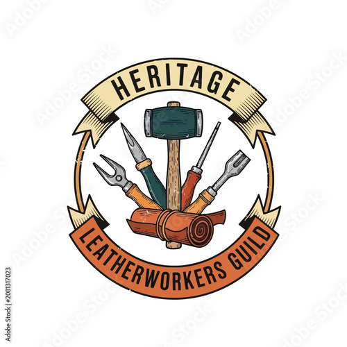 Εκτύπωση καμβά Leatherworkers guild emblem featuring traditional hammer, chisels, and mallet tools