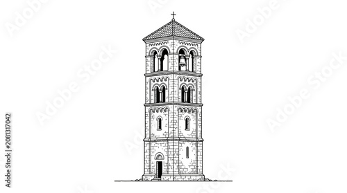 Bild auf Leinwand Romanesque Bell Tower, Church Steeple, Historic Architecture Drawing