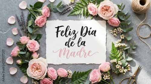 Elegant Feliz Dia de la Madre Typography with Pink Roses and Lavender Floral Frame