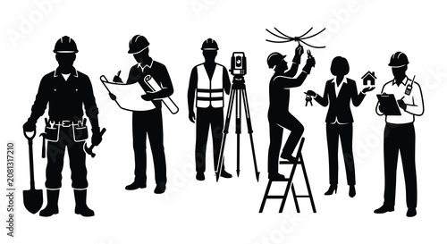 Obraz na płótnie Construction Worker Silhouettes Vector Illustration On White Background