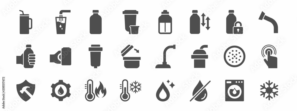 Fototapeta premium Water purification and bottle glyph icon set