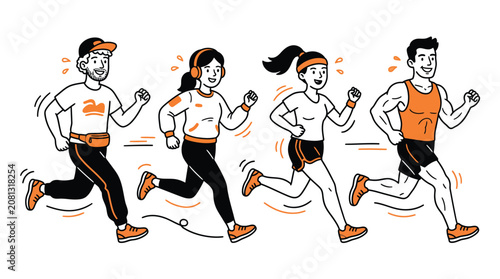 A group of active people running together in a stylized modern flat vector illustration design