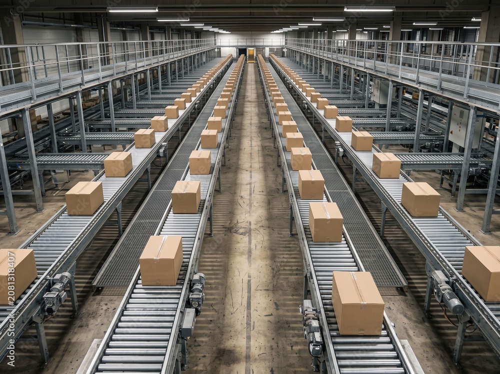 Fototapeta premium Automated Conveyor Belt System in a Modern Logistics Warehouse with Cardboard Boxes