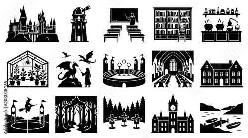 Wizarding World Fantasy Magic School Glyph Icons Set - Black  White Vector Illustrations