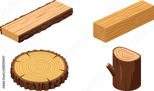 Bild auf Leinwand Isometric Wood Log and Timber Vector Icon Set with Tree Trunk Cross Section, Lum