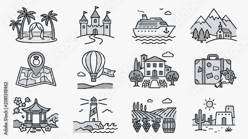 Modern Minimalist Line Drawing Icons Set Featuring Travel Vacation and Landmark Illustrations in Black White and Gray