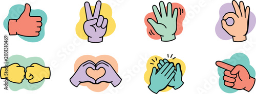 Hand Gestures Icon Set, Cute Cartoon Hands Showing Thumbs Up, Peace Sign, Wave, OK, Fist Bump, Heart, and Clapping, Colorful Vector Illustration