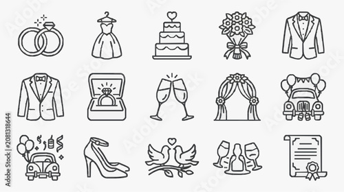 Corporate Wedding and Marriage Event Icons Set Black and White Line Art Illustrations for Proposals Invitations and Wedding Planning