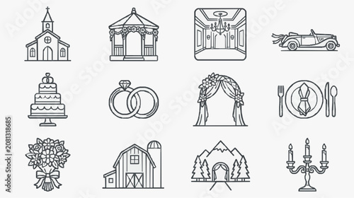 Elegant Black and White Line Drawing Icons Set Featuring Wedding and Celebration Elements Including Church Cake Rings Bouquet Barn and More
