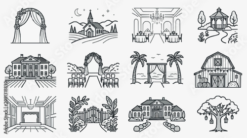 Clean Black and White Line Art Illustrations of Various Wedding Venue Ideas and Scenic Locations