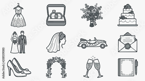 Creative Wedding Themed Icons Set in Monochrome Line Art Style Featuring Dress Rings Cake Bouquet Couple Car and More