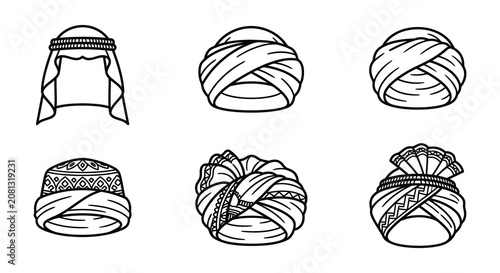 Foto Headdresses with wrapped fabric black line vector illustration