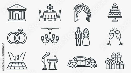 Sleek Black and White Wedding Themed Icons Set Featuring Classic Elements Like Rings Cake Chairs Chandelier Couple Champagne DJ Car and Gifts