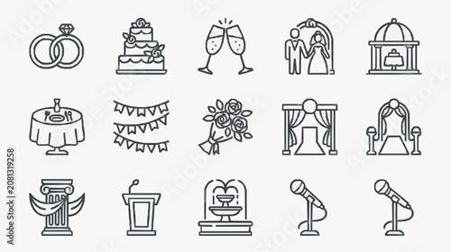 Elegant Black and White Line Icons Set Featuring Wedding and Event Symbols for Digital Design Use