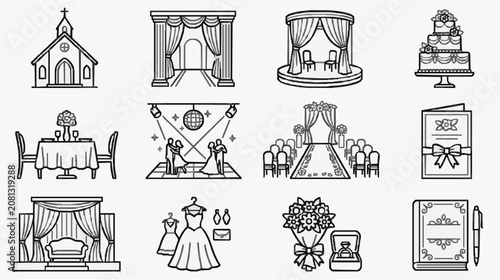 Corporate Wedding Event Icons Collection Black and White Line Art Illustrations of Wedding Elements