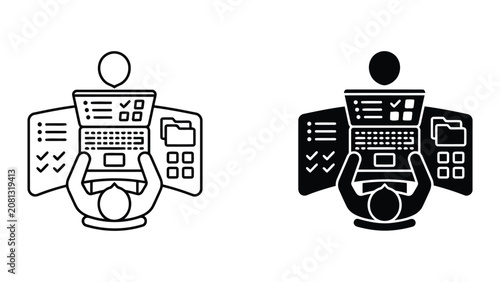 Person working on laptop with multiple screens and tasks icon set, multitasking