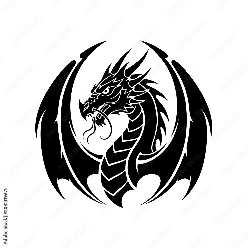 Fototapeta premium Fierce black dragon circular mascot logo design.