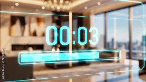 A modern living room with a timer overlay, showing a blurred city view and interior decor
