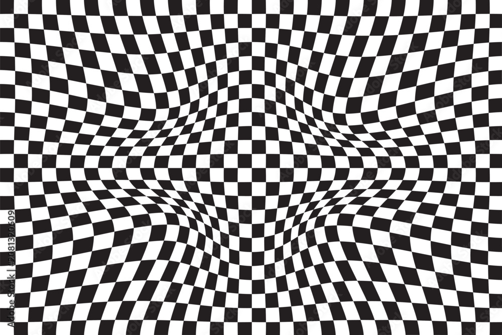 Obraz premium Checker pattern vector illustration. Chess board. Distorted geometric pattern.
