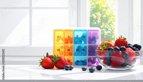 Pill Organizer with Daily Doses and Fresh Berries