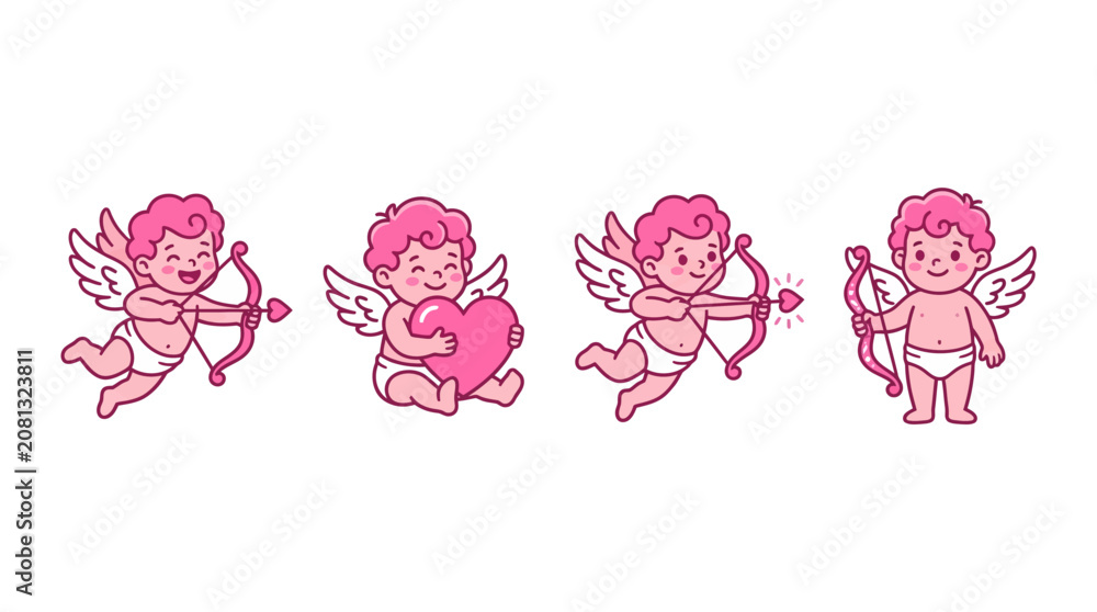 Obraz premium A set of cute cartoon cherubs with bows and hearts for romantic celebrations