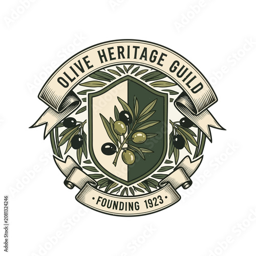 Φωτογραφία Olive heritage guild vintage crest with olive branches.
