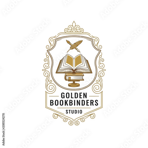 Photography Ornate golden bookbinders studio logo with quill and book.