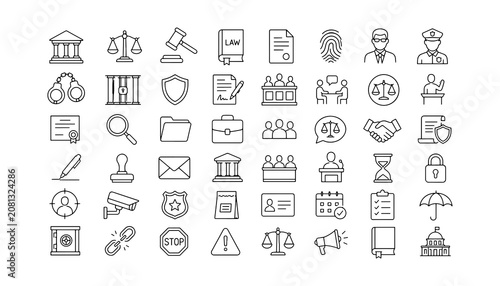 Collection of legal and justice icons in line style