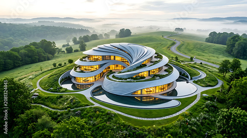 Modern eco-friendly building, sustainable architecture, green roof, curved design, futuristic house, luxury villa