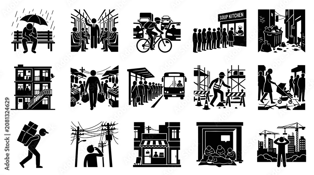 Fototapeta premium Urban Life and Social Issues Black White Glyph Vector Pictograms: City Scenes, People, Daily Activities, and Challenges.