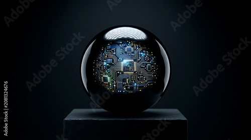 Glowing digital circuit inside crystal sphere on dark pedestal