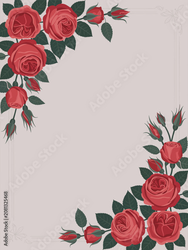 Beautiful roses and green leaves arranged on a decorative border design