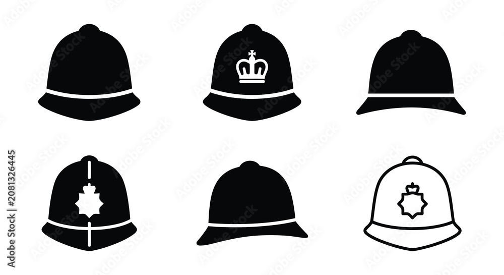 Fototapeta premium Bobby helmets silhouette collection black vector graphics on white background