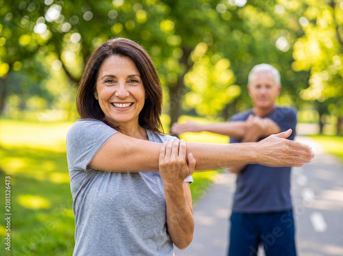 Foto Happy middle-aged woman stretching her arm in a sunny park with an out-of-focus man in background