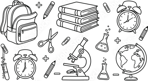 Fotografie Back to School Supply Element Set with Backpack Microscope Books and Globe Vecto