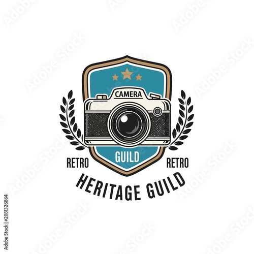Konstfotografi Retro camera guild heritage badge with vintage film camera and laurel wreath