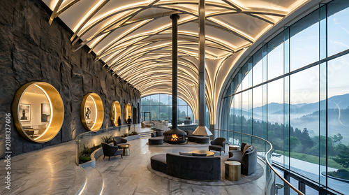 Luxury interior, modern lounge, stone wall, large windows, curved ceiling, upscale decor
