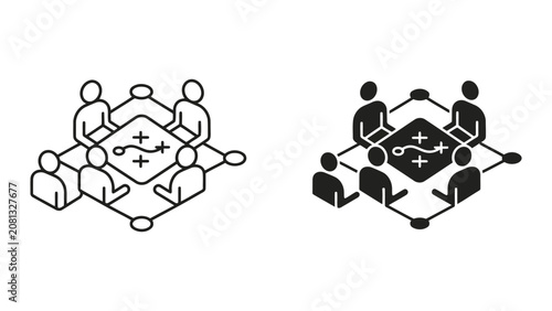 Business team collaborative strategic planning meeting isometric line icons