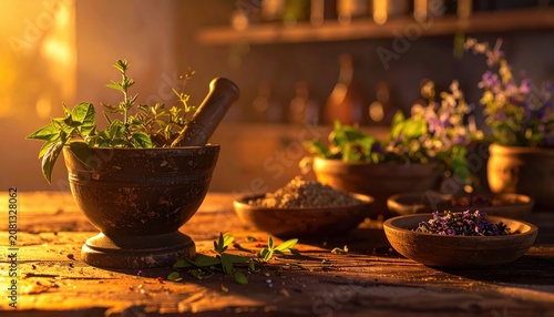 Rustic Mortar and Pestle with Fresh Herbs and Dried Ingredients on Wooden Table