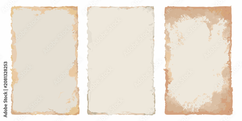 Fototapeta premium three vertical vintage paper sheets with torn edges old document antique parchment grungy texture sepia tone