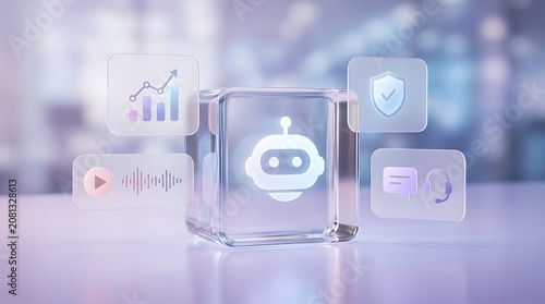 Multi modal artificial intelligence interface concept with glowing robot inside glass cube and floating data security and support icons