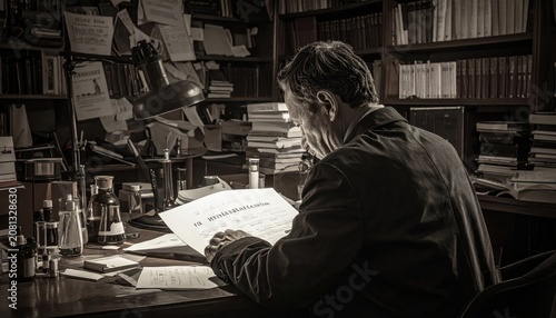 Scholar deeply engrossed in research papers at a cluttered desk