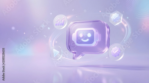 Virtual assistant chatbot concept featuring a glowing 3d robot icon inside a speech bubble surrounded by data analytics symbols