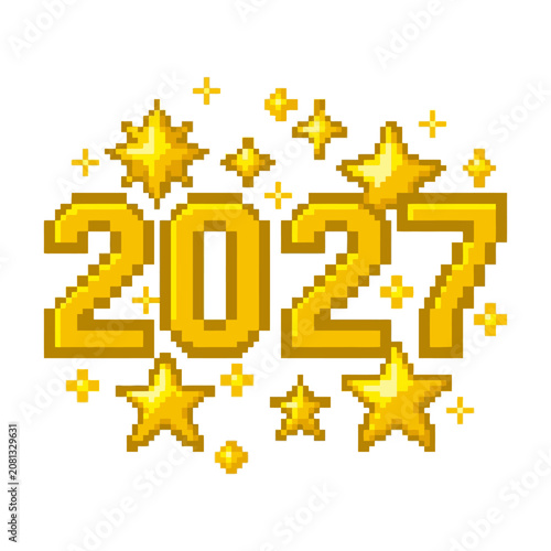 Golden pixel art number 2027 with sparkling stars on white